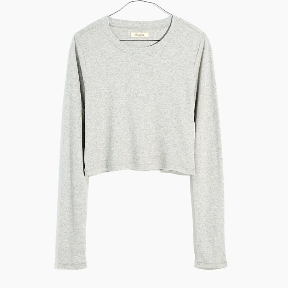 Size XS Madewell Light Gray Fine Ribbed Supercrop Crewneck Long-Sleeve Tee